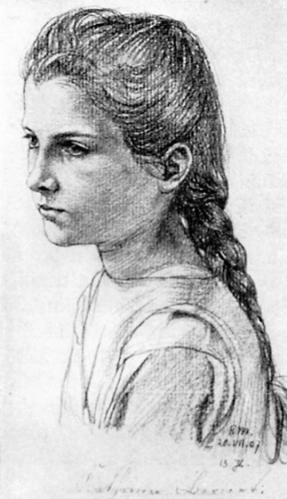 Katharina Schlunegger-Bernet, ehemals Wirtin im Berghaus auf Männlichen, als 13-jähriges Mädchen, 1907 skizziert von Maler Paul Münger. Eine der vielen Abbildungen von Einheimischen in Friedlis Grindelwaldbuch.