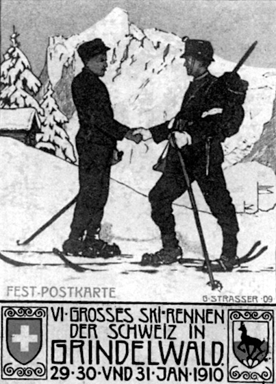 Pfarrerssohn Gottfried Strasser hat die Festkarte für das «Schweizerische» entworfen. Strapaziöse Militärläufe waren ein wichtiger Teil der Schweizerischen Skirennen und die Grindelwalder Patrouille von Lt. Hans Bernet, an Stotzhalten, gehörte jahrelang zu den besten. Die Wettkampfstrecke von 1910: Grindelwald–Grosse Scheidegg–Schwarzwaldalp retour.