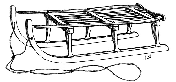 Die schön gemachten Grindelwaldschlitten, mit den typischen Rundstäben, ursprünglich genannt «Beinz» oder «Beindler», später kam «Gemmel» auf. Sie erhielten durch die einfacheren «Davoser» Konkurrenz. 1905 gezeichnet vom Mühlebacher Hans Bleuer.