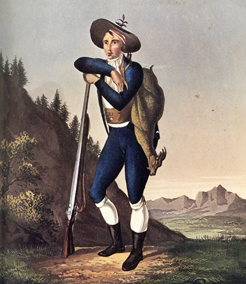 Gemsjäger um 1790. Bald wird man ihn entwaffnen. Schützen und Jäger aus Grindelwald und Lauterbrunnen wurden 1799 gezwungen, ihre Gewehre abzugeben.